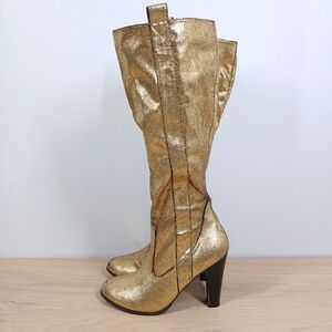 Vintage Newport News Boots Gold Tall Heel  Glam Round Toe Statement Piece